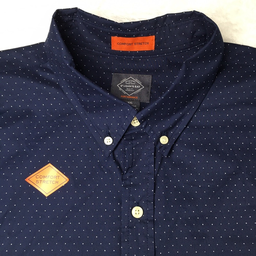 St Johns Bay Shirt Mens XXL Blue White Micro Dot Long Sleeve Comfort Stretch NEW